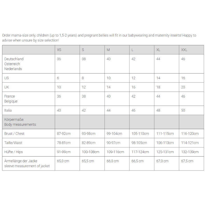 Mamalila Hooded Babywearing Coat Vienna - Anthracite size chart for accurate fitting | Babymaxi