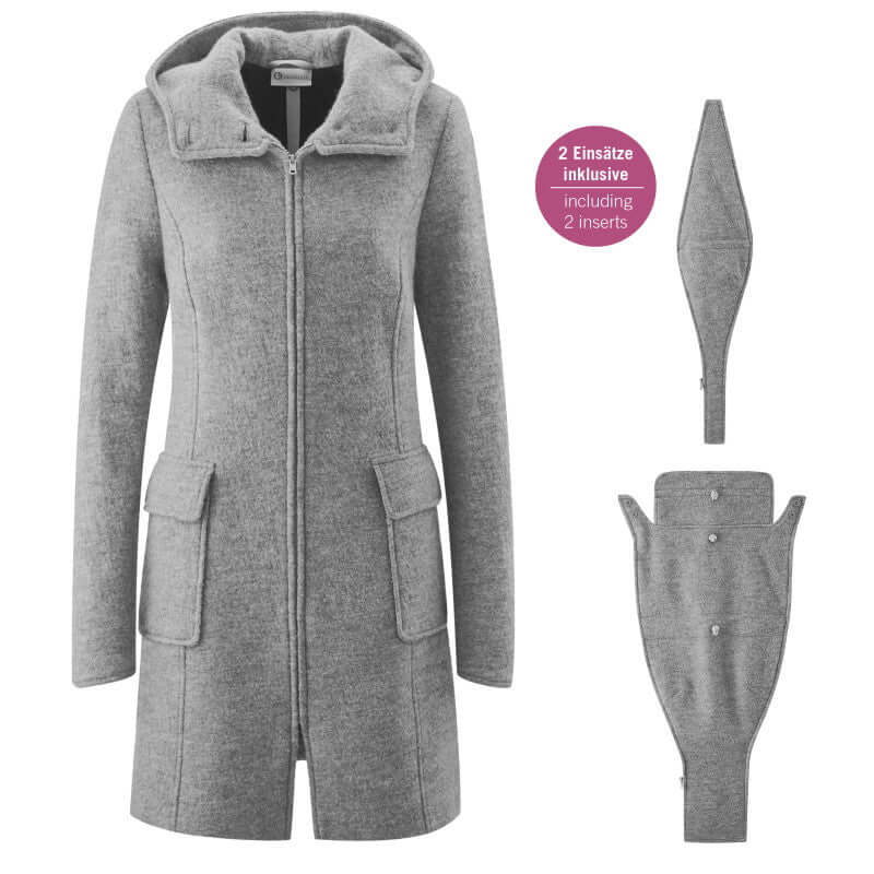 Mamalila Hooded Babywearing Coat Vienna - Light Grey featuring pockets and inserts | Babymaxi
