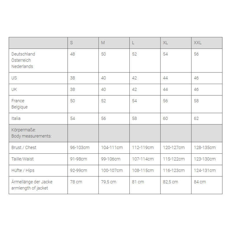 Mamalila Softshell Allrounder Babywearing Jacket for men - Khaki size chart with body measurements | Babymaxi