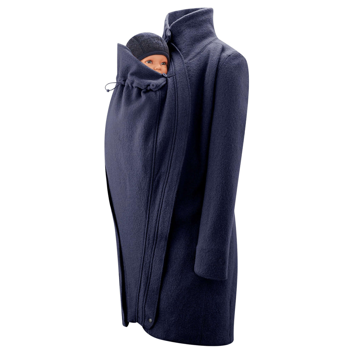 Mamalila Eco Wool Babywearing Coat Oslo - Navy showcasing front carrying feature with baby insert | Babymaxi