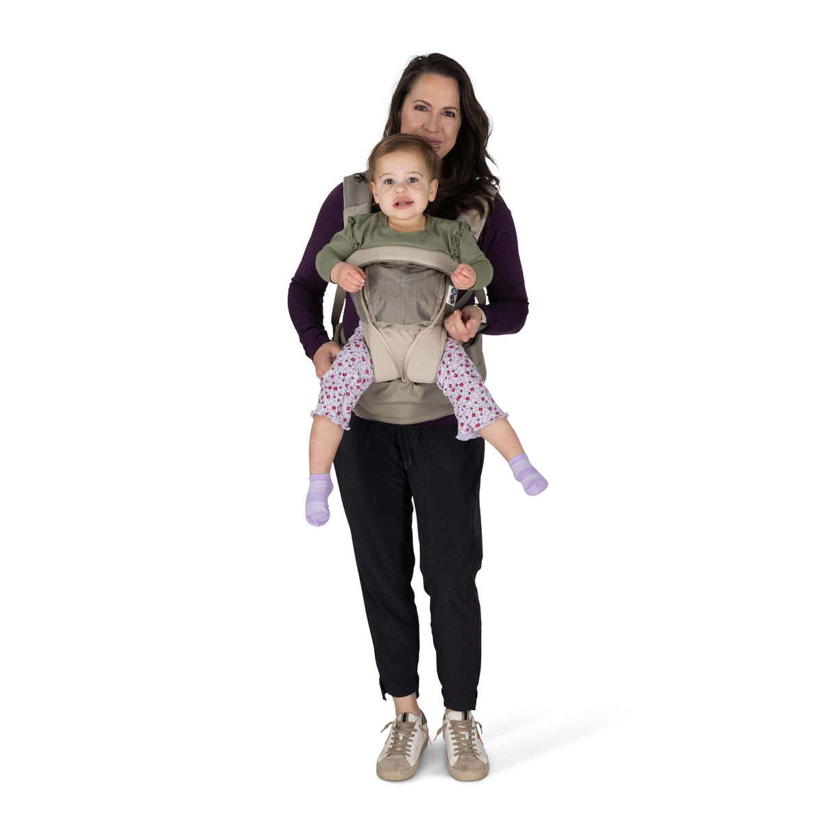 Osprey Poco Soft Child Carrier LT - Tan Concrete in use by a parent with a toddler, showcasing comfort and ergonomic design | Babymaxi