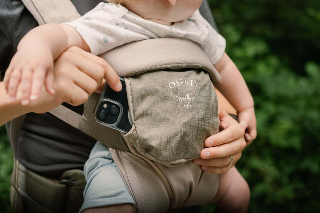 Osprey Poco Soft Child Carrier LT - Tan Concrete with phone pocket, designed for comfort and safety for active parents | Babymaxi