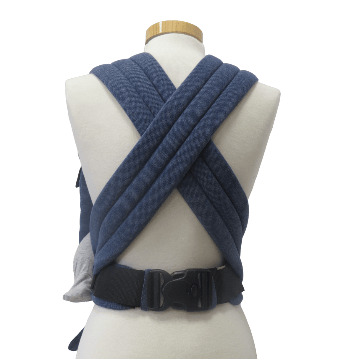 Back view of the Storchenwiege Talemo Half-Buckle Baby Carrier - Denim showing the adjustable straps and buckle | Babymaxi