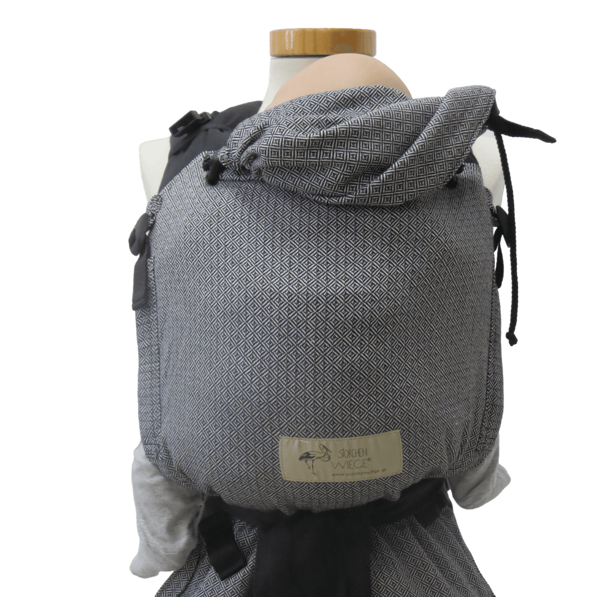 Storchenwiege Talemo Half-Buckle Baby Carrier - Leo Black White on display, back view, showcasing adjustable design | Babymaxi