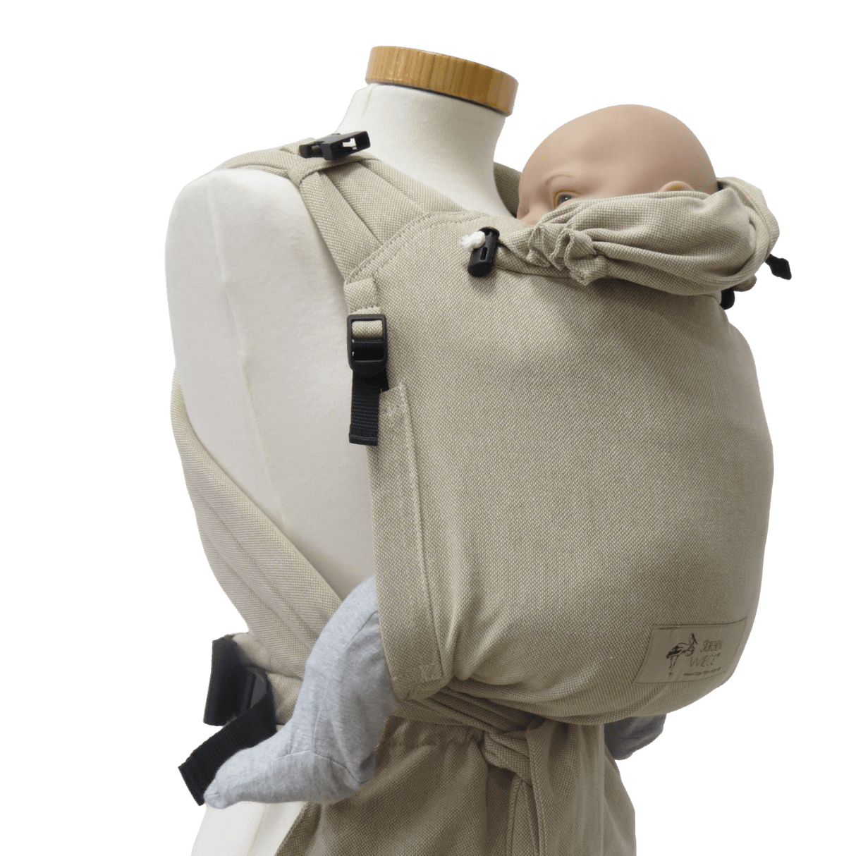 Storchenwiege Talemo Half-Buckle Baby Carrier - Natural with baby, adjustable wrap-style for comfort | Babymaxi