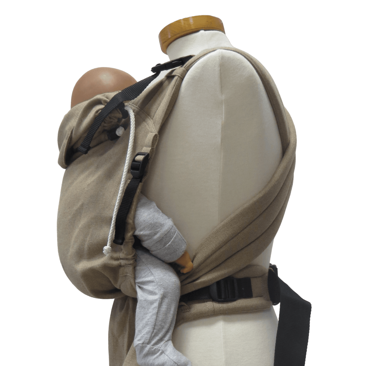 Storchenwiege Talemo Half-Buckle Baby Carrier - Sand in use, showing custom fit with baby | Babymaxi
