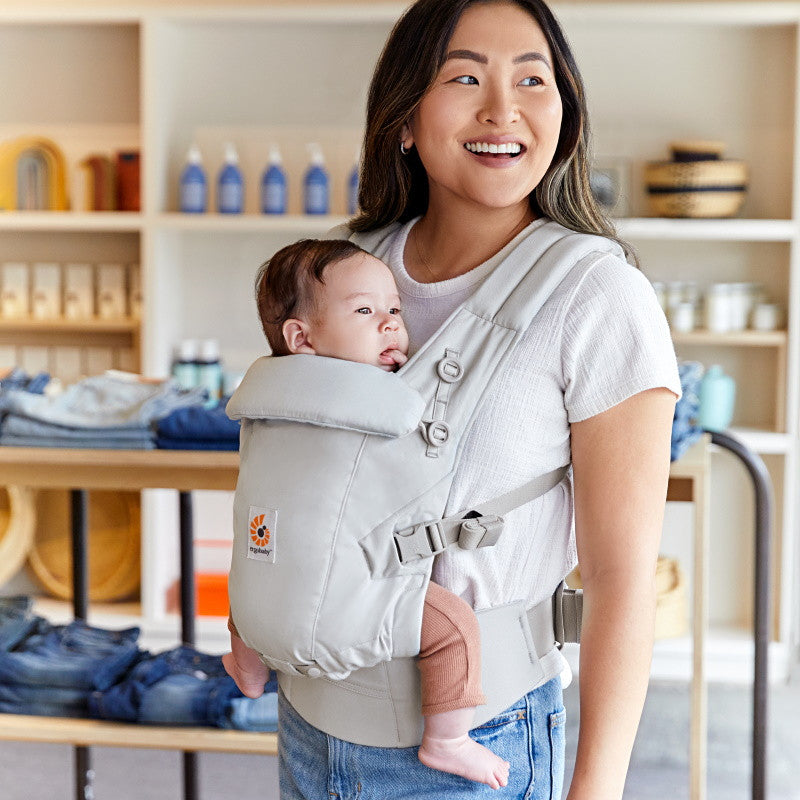 Ergobaby Adapt Soft Touch Cotton - Pearl Grey baby carrier with infant, designed for comfort and ergonomic support | Babymaxi