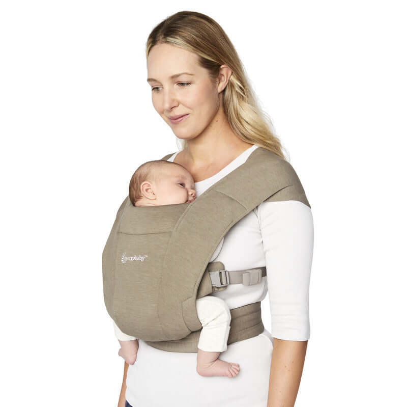 Ergobaby Embrace - Soft Olive baby carrier with a peaceful infant, offering comfort and ergonomic support for newborns | Babymaxi