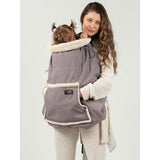 Isara Winter Baby Carrier Cover - Frosted Almond Taupe model being used to keep baby warm and cozy | Babymaxi