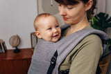 LennyLamb LennyLight - Little Herringbone Ombre Grey in use with a smiling baby, showcasing front carrying option | Babymaxi