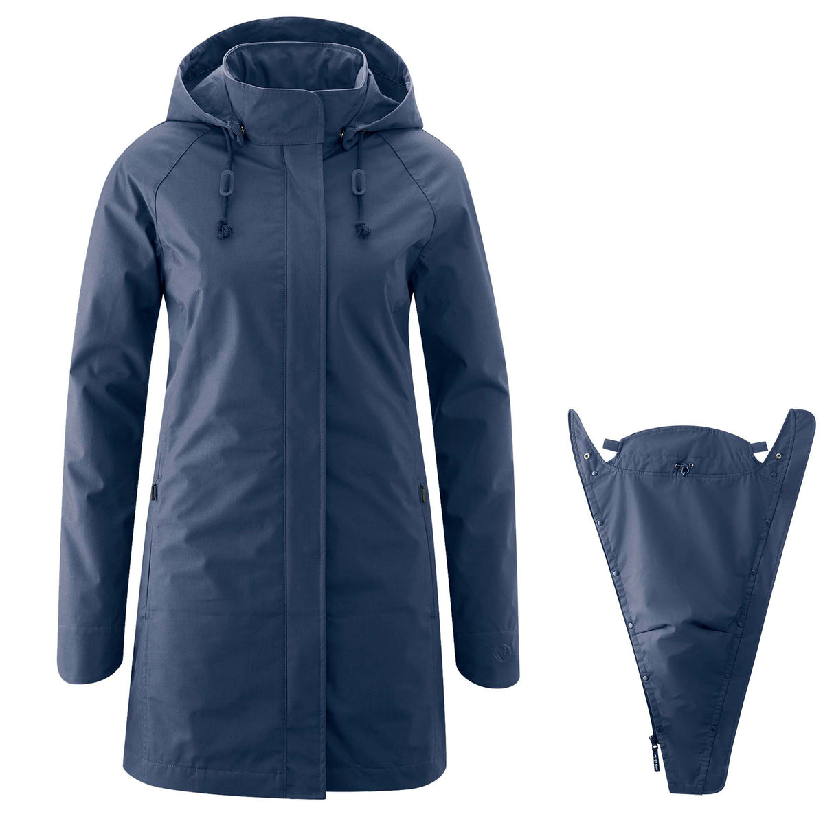 Mamalila Berlin All Season Babywearing Coat – Navy showcasing the stylish design and removable babywearing insert | Babymaxi