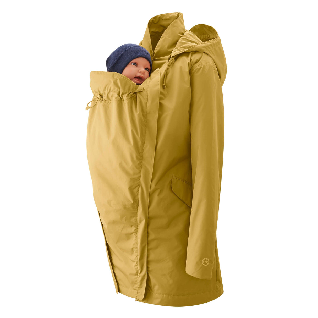 Mamalila Dublin Babywearing Coat – Mustard with baby in pocket, ideal for all seasons | Babymaxi