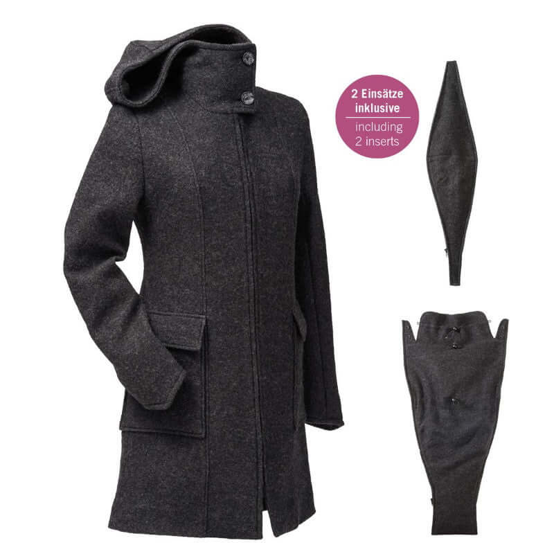 Mamalila Hooded Babywearing Coat Vienna - Anthracite with stylish hood, pockets, and inserts for versatile comfort | Babymaxi