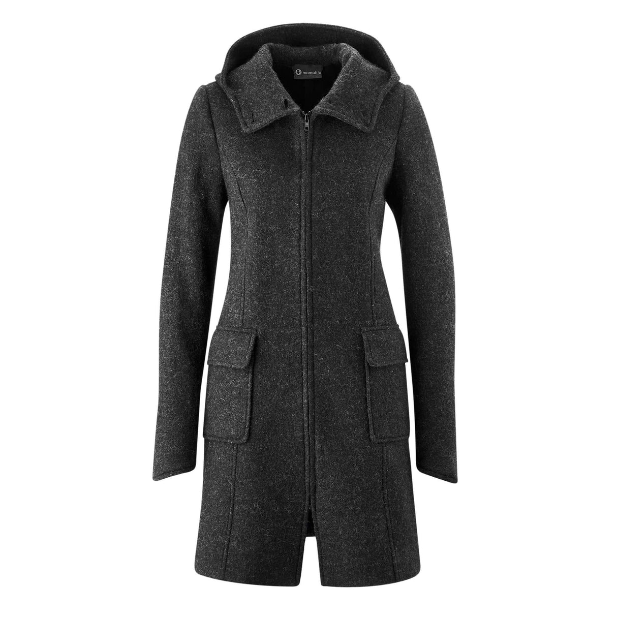 Mamalila Hooded Babywearing Coat Vienna - Anthracite, stylish boiled wool jacket with pockets and hood | Babymaxi
