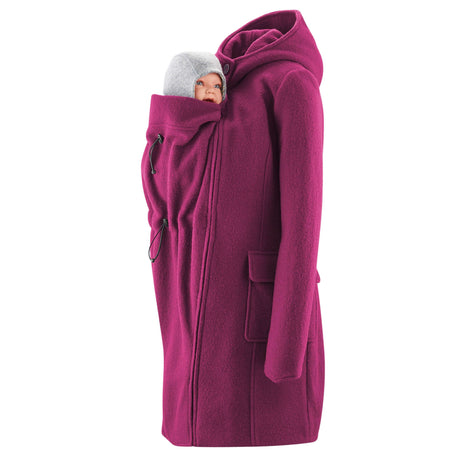 Mamalila Hooded Babywearing Coat Vienna - Berry showcasing a parent and baby in a stylish, warm coat| Babymaxi