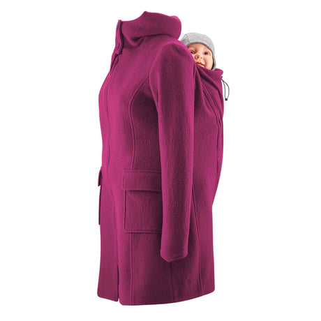 Mamalila Hooded Babywearing Coat Vienna - Berry shown with baby in hood, made of boiled wool, perfect for all weather | Babymaxi