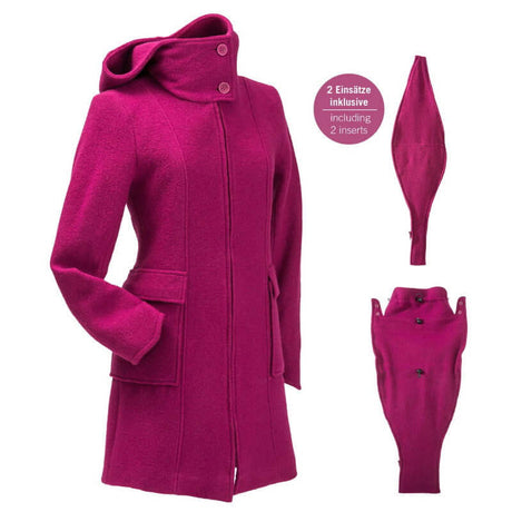 Mamalila Hooded Babywearing Coat Vienna - Berry, stylish boiled wool coat with windproof lining and included inserts | Babymaxi