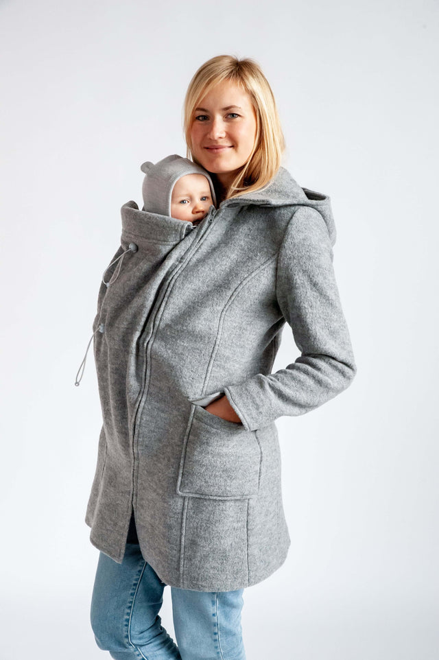 Mamalila Hooded Babywearing Coat Vienna - Light Grey with adorable baby in cozy hood | Babymaxi