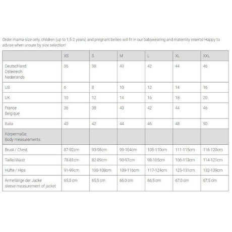 Size chart for Mamalila Hooded Babywearing Coat Vienna - Light Grey, showing measurements for XS to XXL | Babymaxi