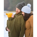 Happy family wearing Mamalila Softshell Allrounder Babywearing Jacket for men - Khaki in winter setting | Babymaxi