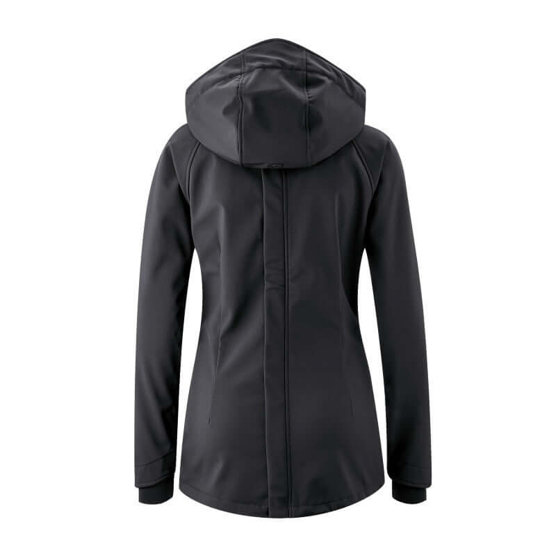 Back view of Mamalila Softshell Babywearing Jacket Allrounder - Black, featuring a hood and stylish design | Babymaxi