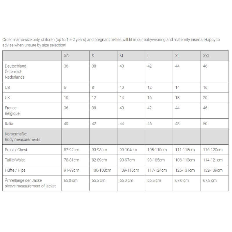 Size chart for Mamalila Softshell Babywearing Jacket Allrounder - Mint, including body measurements and international sizes | Babymaxi