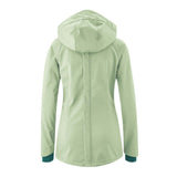 Back view of Mamalila Softshell Babywearing Jacket Allrounder - Mint, showcasing its stylish design and hood | Babymaxi