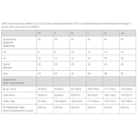 Mamalila Softshell Babywearing Jacket Allrounder - Mustard size chart for children and maternity | Babymaxi