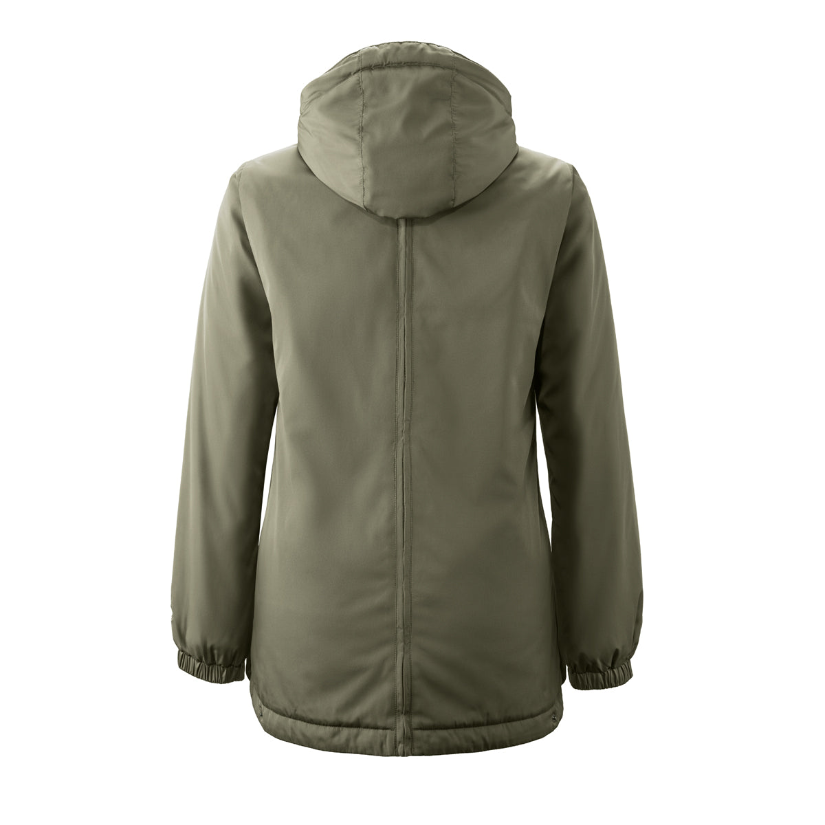 Mamalila Boston Babywearing Jacket Olive, back view with hood, solo wear