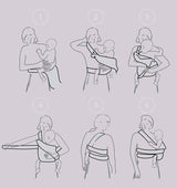 Illustration showing six steps to use the Marsupi Classic - Berry baby carrier for ergonomic babywearing | Babymaxi