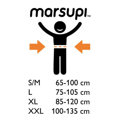 Marsupi Classic - Black size chart showcasing adjustable waist dimensions | Babymaxi
