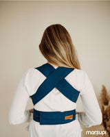 Marsupi Classic - Ocean Blue baby carrier seen from the back, showcasing the unique Velcro design for comfort and style | Babymaxi