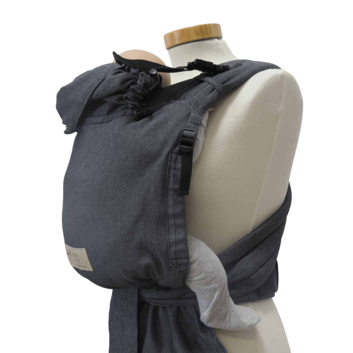 Storchenwiege Talemo Half-Buckle Baby Carrier - Graphite on mannequin, showcasing its adjustable design | Babymaxi
