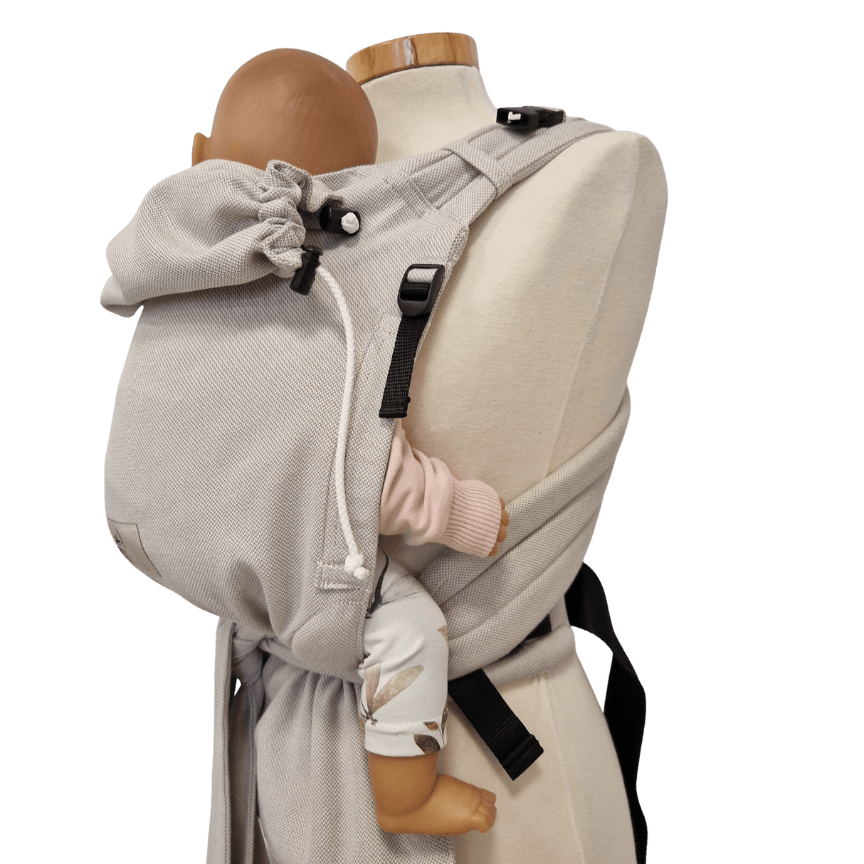 Storchenwiege Talemo Half-Buckle Baby Carrier - Moonstone with doll on mannequin | Babymaxi