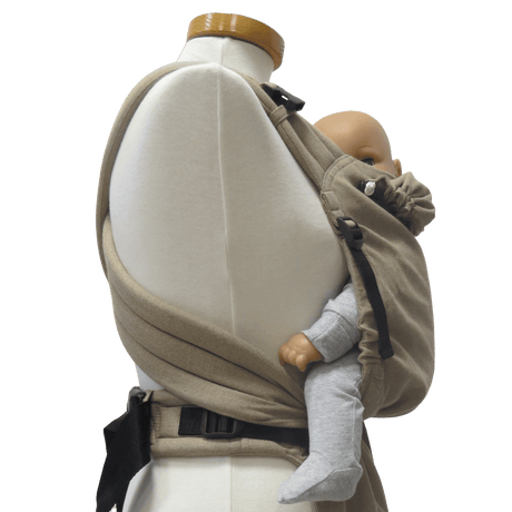 Storchenwiege Talemo Half-Buckle Baby Carrier - Sand showcasing adjustable design with baby, perfect for comfort and convenience | Babymaxi