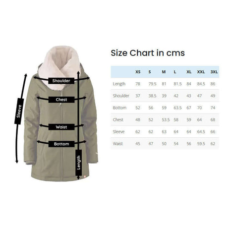 Wombat & Co. London - Wallaby Baby Carrier Jacket - Forest Green & Beige size chart with measurements | Babymaxi