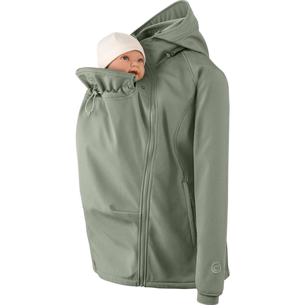 Mamalila Softshell Babywearing Jacket Allrounder Fit Agave, front carry with baby in insert, side view
