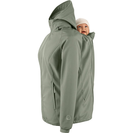 Mamalila Softshell Babywearing Jacket Allrounder Fit Agave, back carry with baby insert, side view
