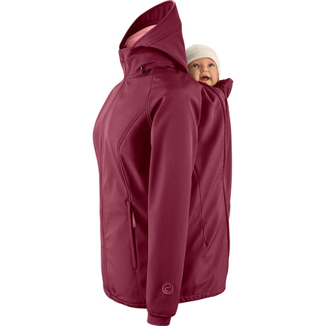 Mamalila Softshell Babywearing Jacket Allrounder Fit Burgundy, back carry with baby insert, side view