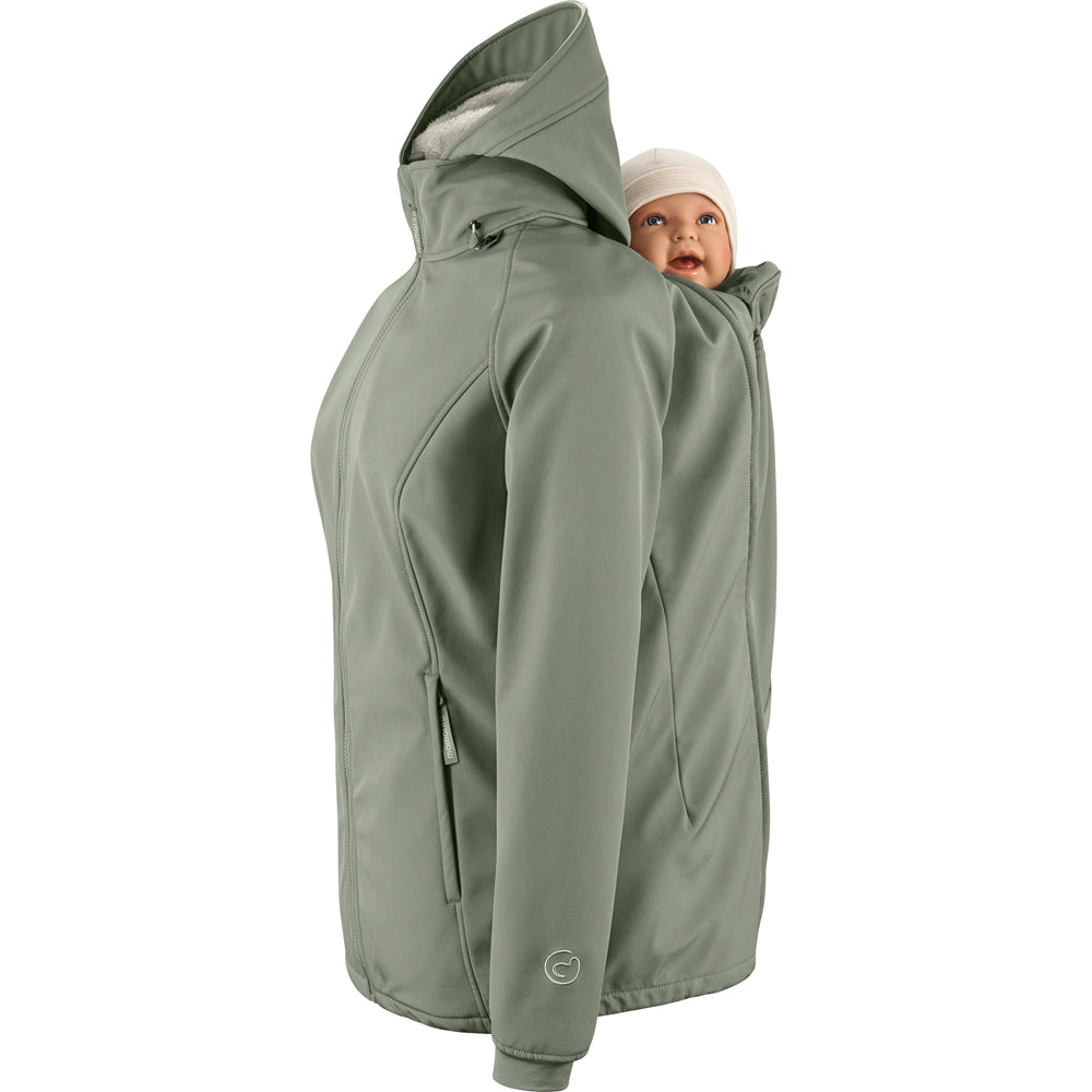Mamalila Allrounder Winter softshell babywearing jacket in agave green, baby insert zipped into the back for back carrying