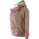 Mamalila Allrounder Winter softshell babywearing jacket in chestnut brown, front carrying with the baby insert zipped in