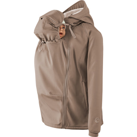 Mamalila Allrounder Winter softshell babywearing jacket in chestnut brown, front carrying with the baby hood up