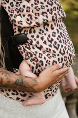 Nomad Air Dusky Leopard carrier detail shot showing blush leopard print fabric and adjustable buckle